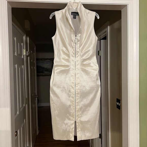 EUC Frank Lyman Zip Front Ivory Stretch Taffeta Dress US Size 6 Like New!! - Picture 1 of 4